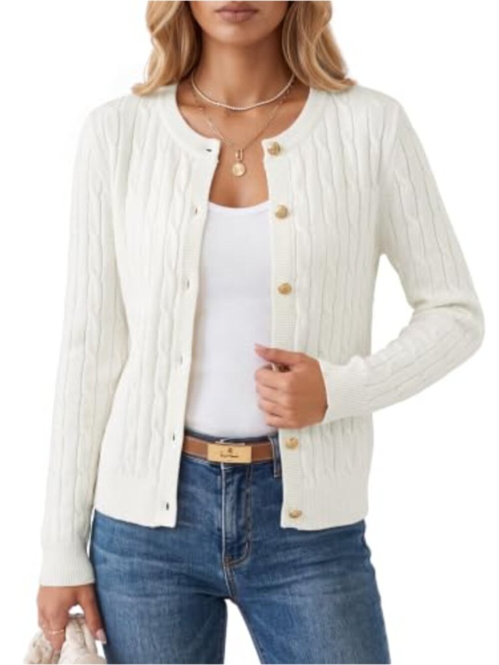 Women's Wool Blend Cable Knit Cardigan Crew Neck Button Front Long Sleeve